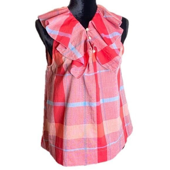 Anthropologie Isabella Sinclair Ruffled Top Shirt Sz M Pink Checkered Sleeveless - Picture 1 of 7
